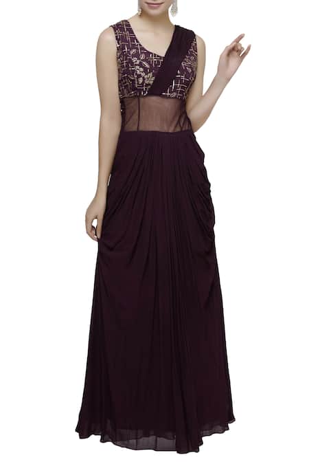 Abhi Singh Wine Round Embroidered Pre Draped Saree