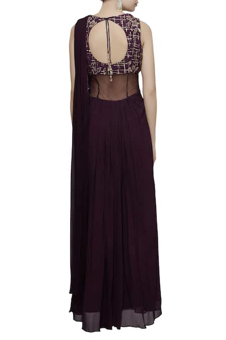Shop Abhi Singh Wine Round Embroidered Pre Draped Saree at Aza Fashions Shop_Abhi Singh_Wine Round Embroidered Pre Draped Saree _at_Aza_Fashions