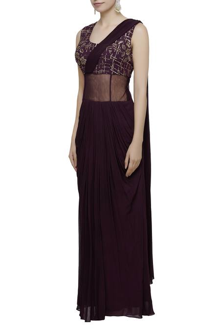 Abhi Singh Wine Round Embroidered Pre Draped Saree Online at Aza Fashions Abhi Singh_Wine Round Embroidered Pre Draped Saree _Online_at_Aza_Fashions