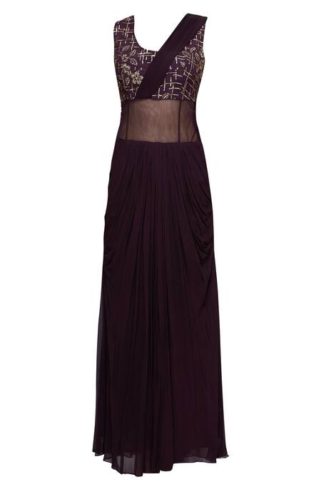 Buy Abhi Singh Wine Round Embroidered Pre Draped Saree Online at Aza Fashions Buy_Abhi Singh_Wine Round Embroidered Pre Draped Saree _Online_at_Aza_Fashions
