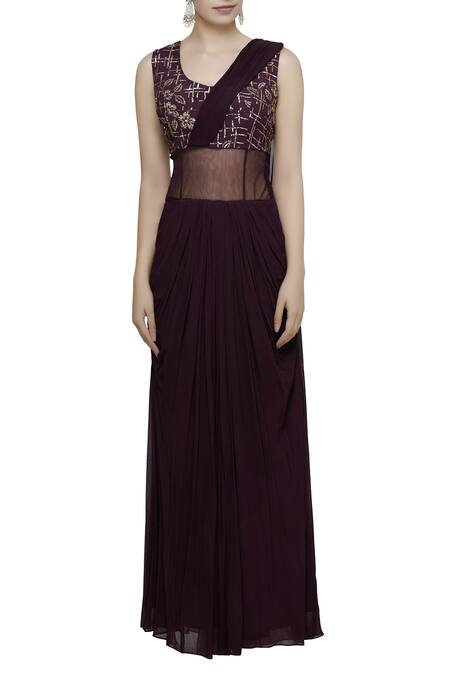 Shop Abhi Singh Wine Round Embroidered Pre Draped Saree Online at Aza Fashions Shop_Abhi Singh_Wine Round Embroidered Pre Draped Saree _Online_at_Aza_Fashions
