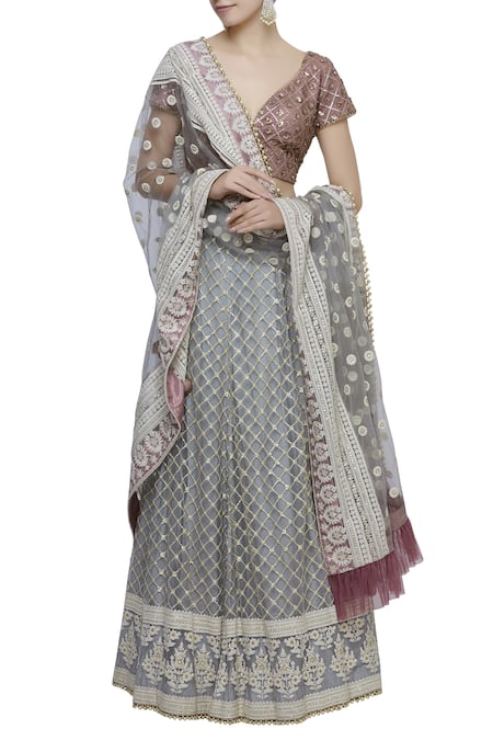 Abhi Singh Grey Plunge Neck Hand Embroidered Bridal Lehenga Set 