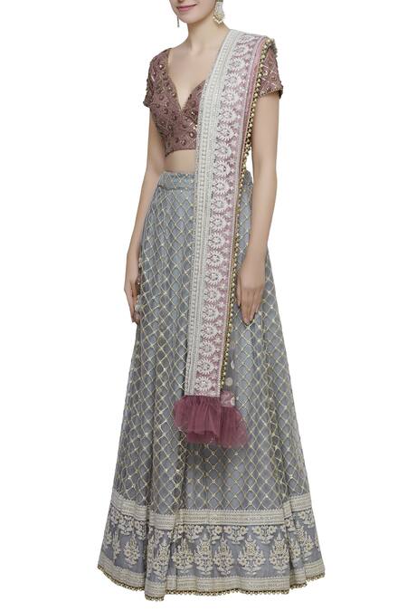 Abhi Singh_Grey Plunge Neck Hand Embroidered Bridal Lehenga Set _Online_at_Aza_Fashions