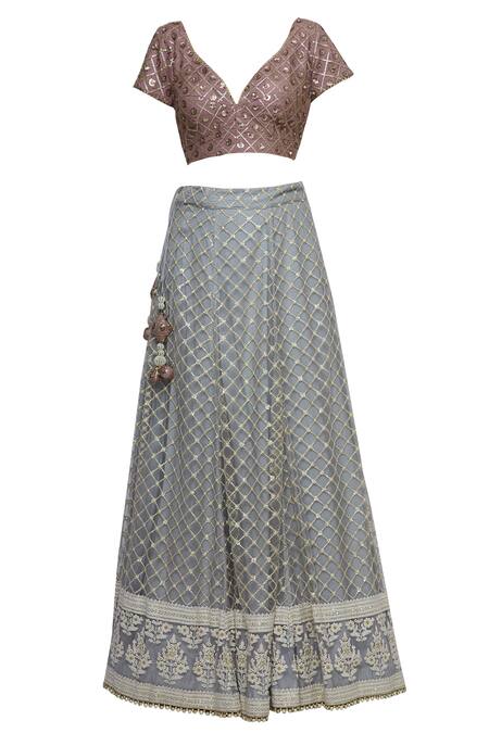 Buy_Abhi Singh_Grey Plunge Neck Hand Embroidered Bridal Lehenga Set _Online_at_Aza_Fashions