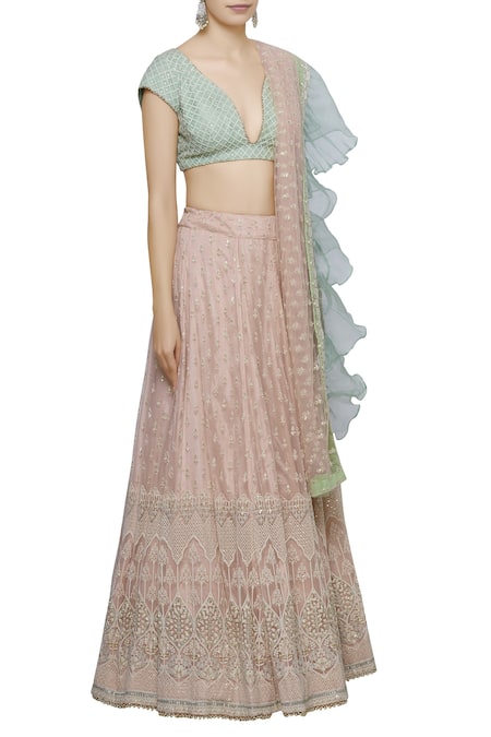 Abhi Singh Green Plunge Neck Hand Embroidered Lehenga Set Online at Aza Fashions Abhi Singh_Green Plunge Neck Hand Embroidered Lehenga Set _Online_at_Aza_Fashions