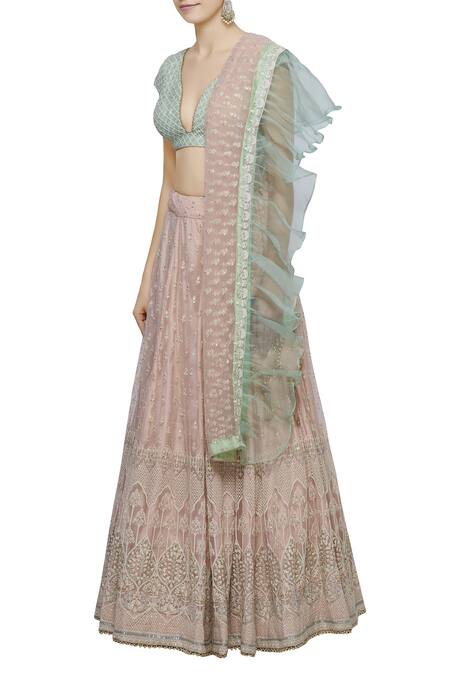 Shop Abhi Singh Green Plunge Neck Hand Embroidered Lehenga Set Online at Aza Fashions Shop_Abhi Singh_Green Plunge Neck Hand Embroidered Lehenga Set _Online_at_Aza_Fashions