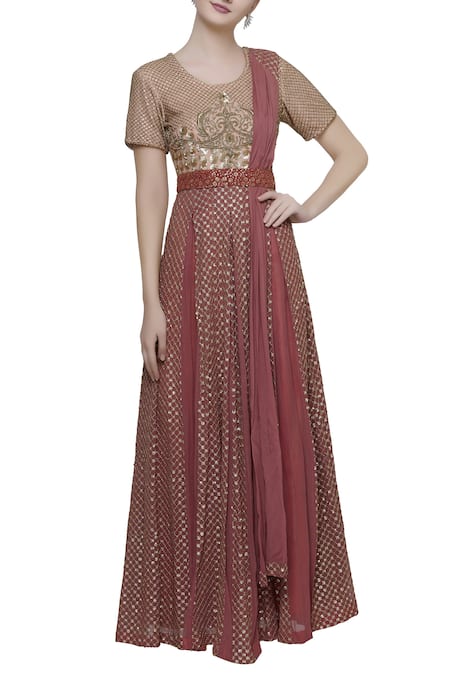 Abhi Singh Pink Round Hand Embroidered Anarkali With Attached Dupatta