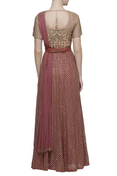 Shop Abhi Singh Pink Round Hand Embroidered Anarkali With Attached Dupatta at Aza Fashions Shop_Abhi Singh_Pink Round Hand Embroidered Anarkali With Attached Dupatta _at_Aza_Fashions