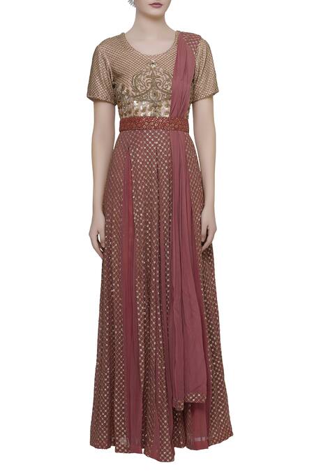 Shop Abhi Singh Pink Round Hand Embroidered Anarkali With Attached Dupatta Online at Aza Fashions Shop_Abhi Singh_Pink Round Hand Embroidered Anarkali With Attached Dupatta _Online_at_Aza_Fashions