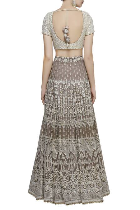 Shop_Abhi Singh_Grey Plunge Neck Hand Embroidered Bridal Lehenga Set  _at_Aza_Fashions