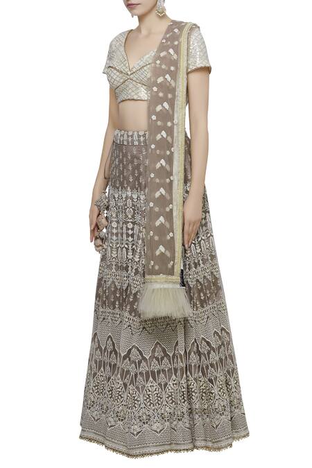Abhi Singh_Grey Plunge Neck Hand Embroidered Bridal Lehenga Set  _Online_at_Aza_Fashions