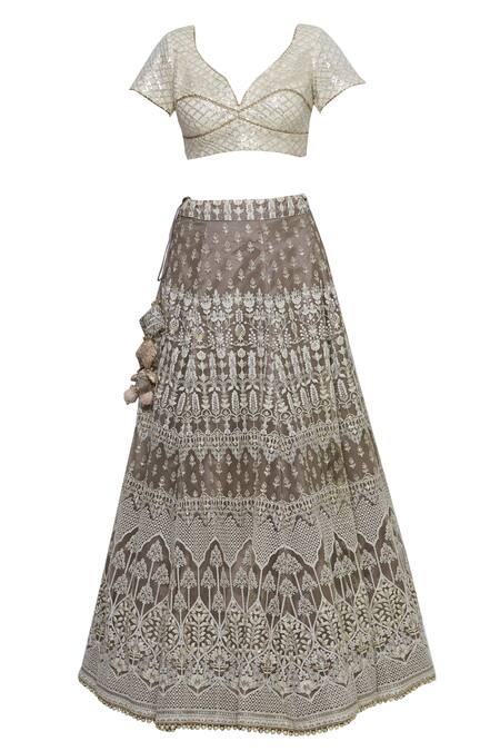 Buy_Abhi Singh_Grey Plunge Neck Hand Embroidered Bridal Lehenga Set  _Online_at_Aza_Fashions