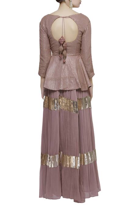 Shop Abhi Singh Pink V Neck Embroidered Peplum Blouse And Lehenga Set at Aza Fashions Shop_Abhi Singh_Pink V Neck Embroidered Peplum Blouse And Lehenga Set _at_Aza_Fashions