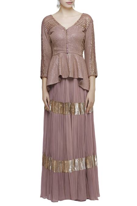 Abhi Singh Pink V Neck Embroidered Peplum Blouse And Lehenga Set Online at Aza Fashions Abhi Singh_Pink V Neck Embroidered Peplum Blouse And Lehenga Set _Online_at_Aza_Fashions