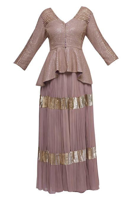 Buy Abhi Singh Pink V Neck Embroidered Peplum Blouse And Lehenga Set Online at Aza Fashions Buy_Abhi Singh_Pink V Neck Embroidered Peplum Blouse And Lehenga Set _Online_at_Aza_Fashions