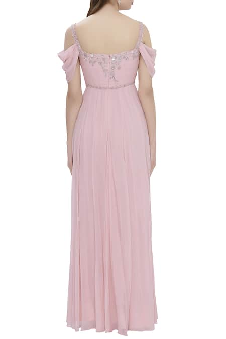 Shop Pooja Peshoria Pink Georgette Round Embellished Cold Shoulder Gown at Aza Fashions Shop_Pooja Peshoria_Pink Georgette Round Embellished Cold Shoulder Gown _at_Aza_Fashions
