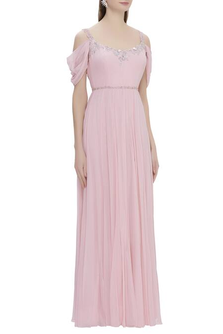 Pooja Peshoria Pink Georgette Round Embellished Cold Shoulder Gown Online at Aza Fashions Pooja Peshoria_Pink Georgette Round Embellished Cold Shoulder Gown _Online_at_Aza_Fashions