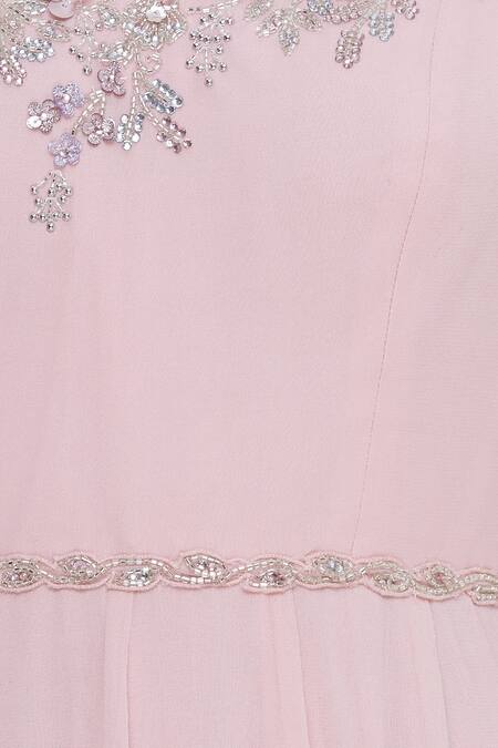 Pooja Peshoria Pink Georgette Round Embellished Cold Shoulder Gown at Aza Fashions Pooja Peshoria_Pink Georgette Round Embellished Cold Shoulder Gown _at_Aza_Fashions