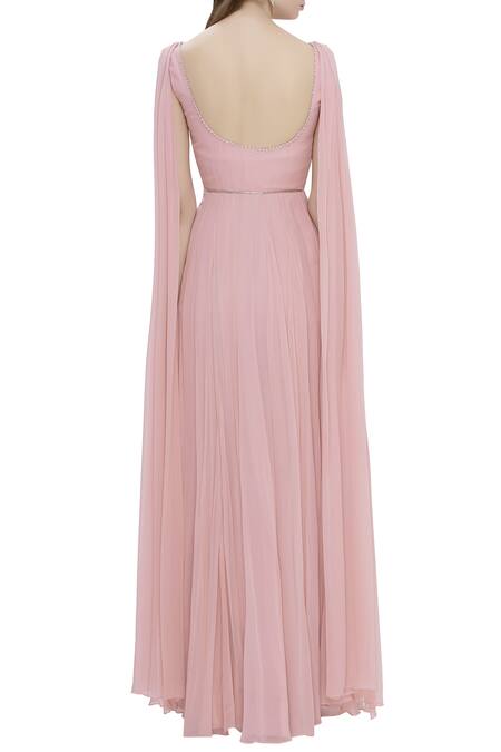 Shop Pooja Peshoria Pink Georgette Scoop Neckline Embroidered Gown With Attached Drape at Aza Fashions Shop_Pooja Peshoria_Pink Georgette Scoop Neckline Embroidered Gown With Attached Drape _at_Aza_Fashions