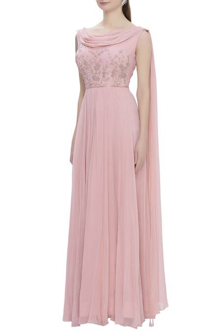 Buy Pooja Peshoria Pink Georgette Scoop Neckline Embroidered Gown With Attached Drape Online at Aza Fashions Buy_Pooja Peshoria_Pink Georgette Scoop Neckline Embroidered Gown With Attached Drape _Online_at_Aza_Fashions