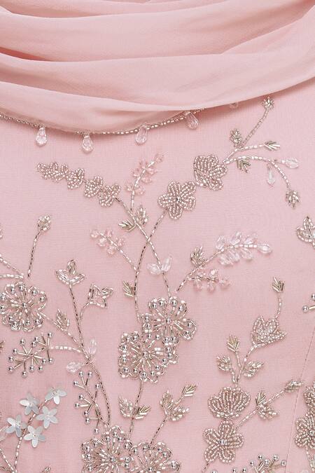 Pooja Peshoria Pink Georgette Scoop Neckline Embroidered Gown With Attached Drape at Aza Fashions Pooja Peshoria_Pink Georgette Scoop Neckline Embroidered Gown With Attached Drape _at_Aza_Fashions