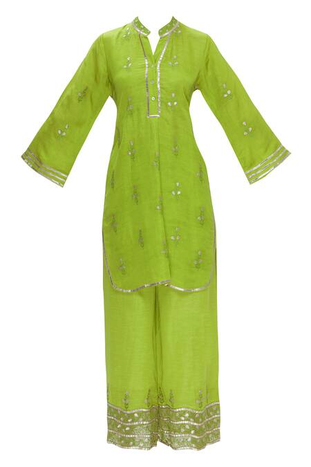 Buy_Gopi Vaid_Green Linen Satin Embroidered Kurta Palazzo Set_Online_at_Aza_Fashions