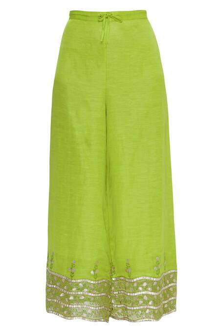 Shop_Gopi Vaid_Green Linen Satin Embroidered Kurta Palazzo Set_Online_at_Aza_Fashions