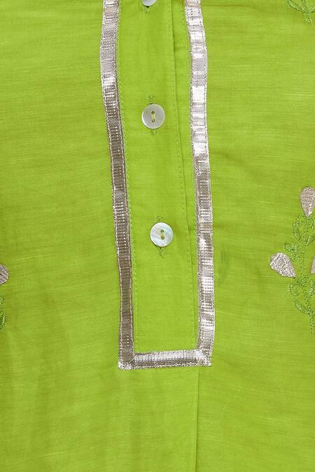 Gopi Vaid_Green Linen Satin Embroidered Kurta Palazzo Set_at_Aza_Fashions
