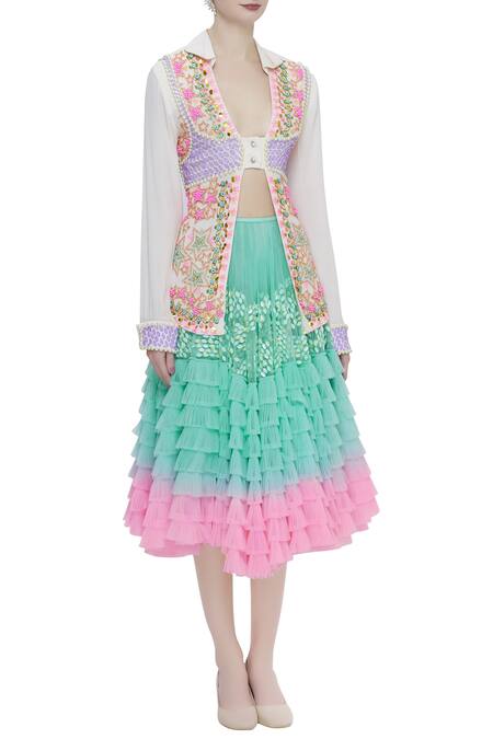 Papa Dont Preach_White Georgette Embroidered Shirt And Skirt Set_Online_at_Aza_Fashions