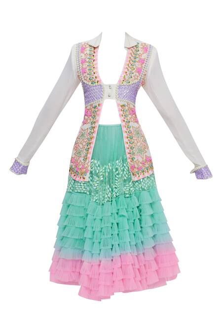 Buy_Papa Dont Preach_White Georgette Embroidered Shirt And Skirt Set_Online_at_Aza_Fashions