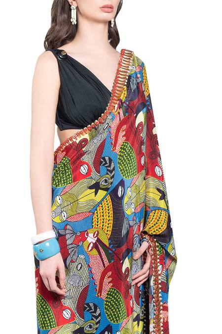 Shivan & Narresh_Black Italian Jersey Printed Pre-draped Saree_Online_at_Aza_Fashions