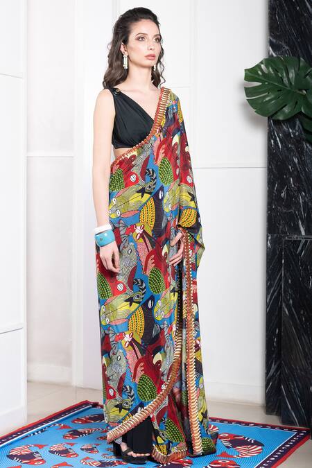 Buy_Shivan & Narresh_Black Italian Jersey Printed Pre-draped Saree_Online_at_Aza_Fashions