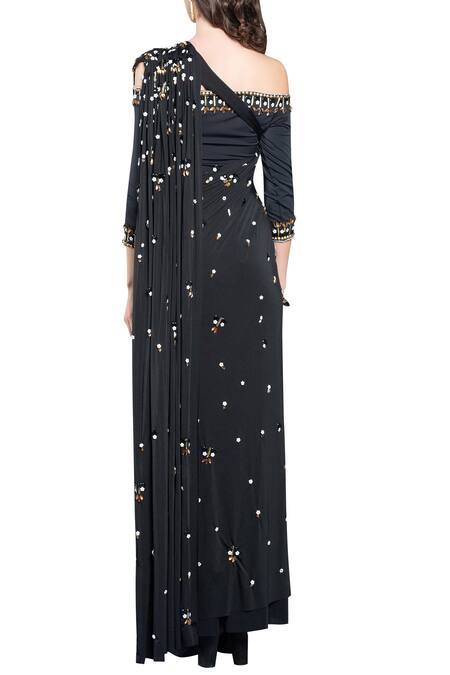Shop Shivan & Narresh Black Italian Jersey Embroidered Pre-draped Saree at Aza Fashions Shop_Shivan & Narresh_Black Italian Jersey Embroidered Pre-draped Saree_at_Aza_Fashions
