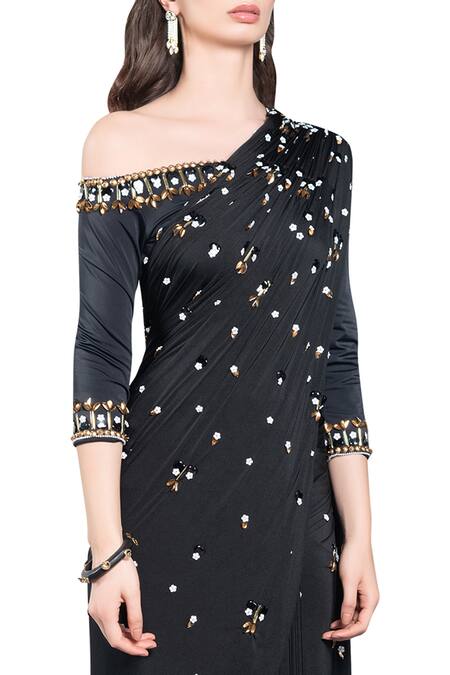 Shivan & Narresh Black Italian Jersey Embroidered Pre-draped Saree Online at Aza Fashions Shivan & Narresh_Black Italian Jersey Embroidered Pre-draped Saree_Online_at_Aza_Fashions