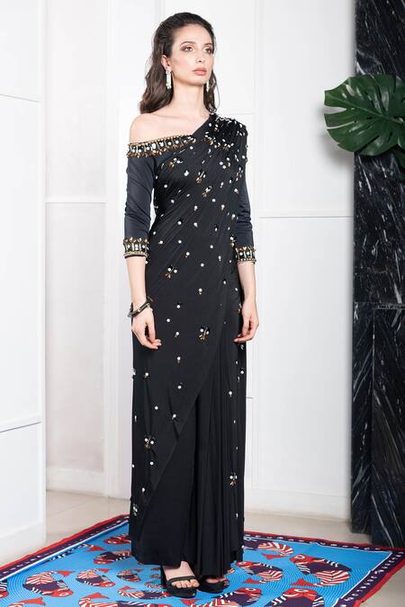 Buy Shivan & Narresh Black Italian Jersey Embroidered Pre-draped Saree Online at Aza Fashions Buy_Shivan & Narresh_Black Italian Jersey Embroidered Pre-draped Saree_Online_at_Aza_Fashions