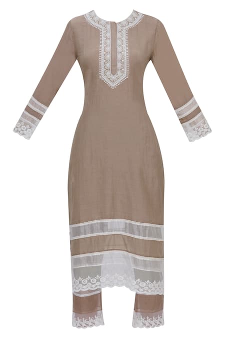 Buy_Neha Khullar_Beige Cotton Silk Round Embroidered Kurta Set _Online_at_Aza_Fashions
