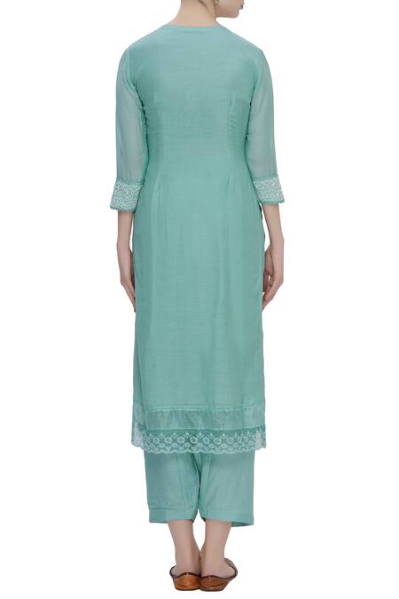 Shop_Neha Khullar_Blue Cotton Silk Round Embroidered Kurta Set _at_Aza_Fashions