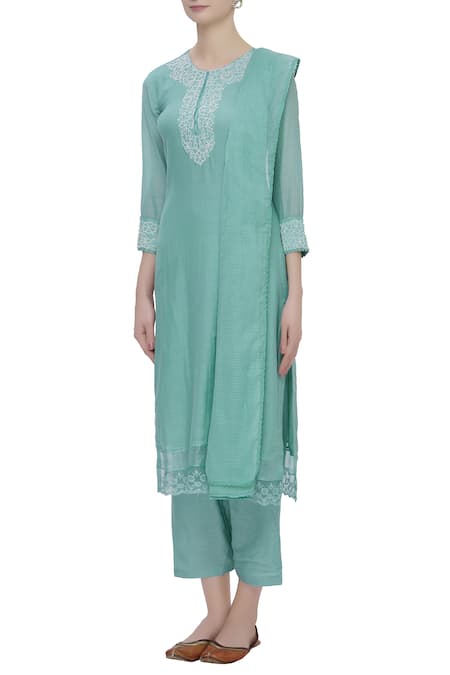 Neha Khullar_Blue Cotton Silk Round Embroidered Kurta Set _Online_at_Aza_Fashions