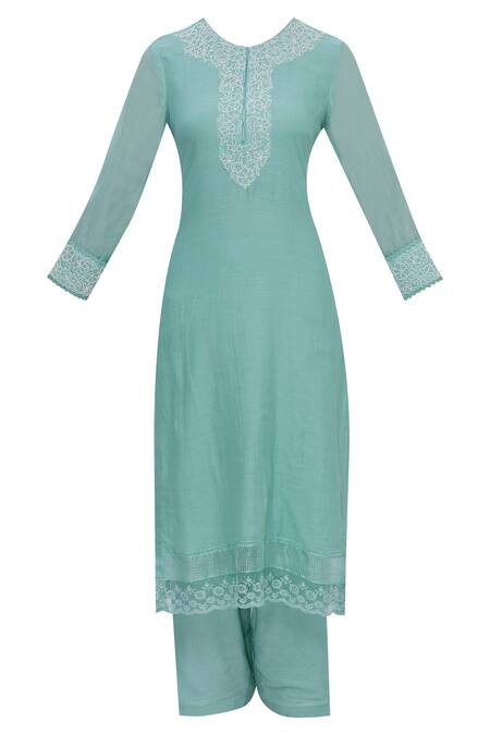 Buy_Neha Khullar_Blue Cotton Silk Round Embroidered Kurta Set _Online_at_Aza_Fashions
