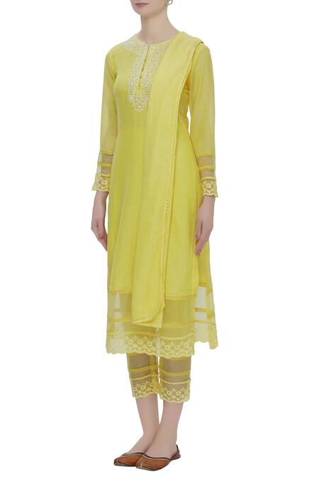 Shop_Neha Khullar_Yellow Silk, Kota Bead Work Round Neck Embroidered Kurta Set _Online_at_Aza_Fashions