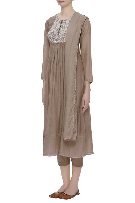 Neha Khullar_Brown Cotton Silk Round Embroidered Anarkali Pant Set _Online_at_Aza_Fashions