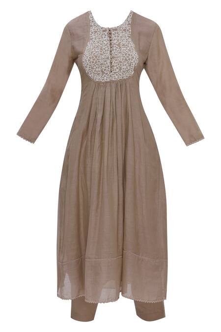 Buy_Neha Khullar_Brown Cotton Silk Round Embroidered Anarkali Pant Set _Online_at_Aza_Fashions