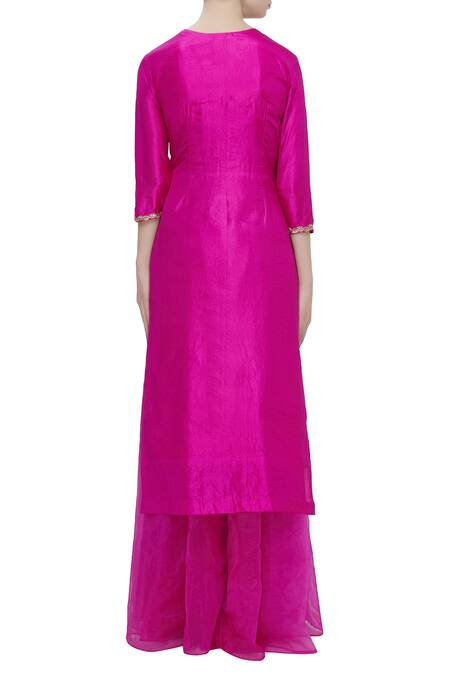 Shop_Neha Khullar_Pink Silk V Neck Embroidered Kurta Palazzo Set _at_Aza_Fashions