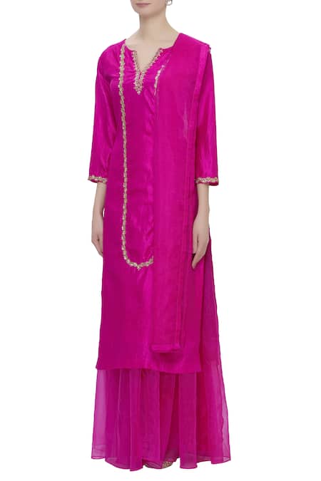 Neha Khullar_Pink Silk V Neck Embroidered Kurta Palazzo Set _Online_at_Aza_Fashions