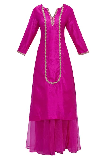 Buy_Neha Khullar_Pink Silk V Neck Embroidered Kurta Palazzo Set _Online_at_Aza_Fashions