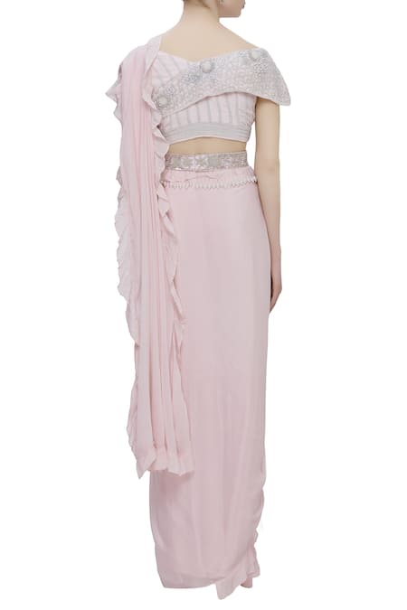 Shop Neha Khullar Pink Chiffon Bead And Cutdana Embellished Wide Pre-draped Saree Set at Aza Fashions Shop_Neha Khullar_Pink Chiffon Bead And Cutdana Embellished Wide Pre-draped Saree Set _at_Aza_Fashions