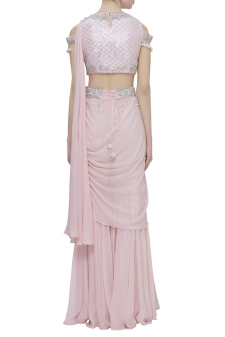 Shop_Neha Khullar_Pink Chiffon Beads And Cutdana Work, Zardozi Pre-draped Sharara Pant Saree Set _at_Aza_Fashions