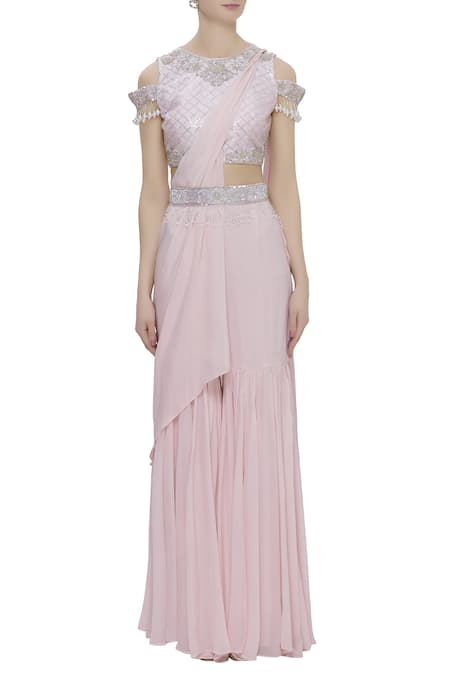 Neha Khullar_Pink Chiffon Beads And Cutdana Work, Zardozi Pre-draped Sharara Pant Saree Set _Online_at_Aza_Fashions