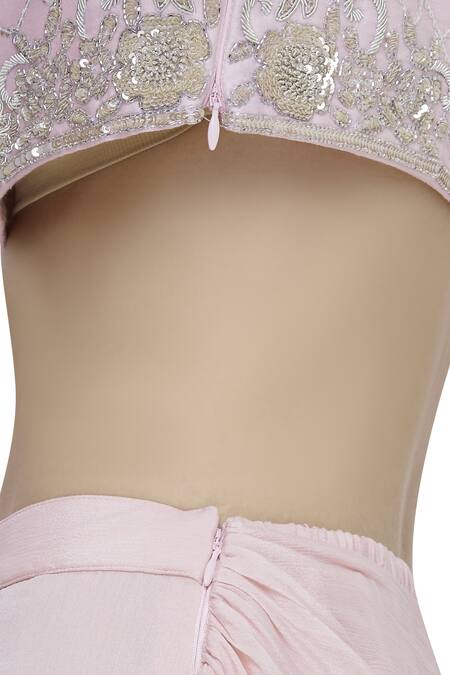 Neha Khullar_Pink Chiffon Beads And Cutdana Work, Zardozi Pre-draped Sharara Pant Saree Set _at_Aza_Fashions