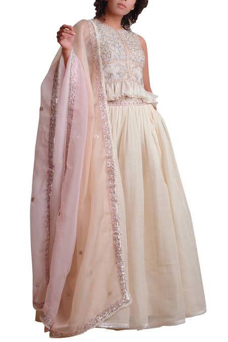 Sue Mue Linen Lehenga With Embroidered Blouse & Dupatta 